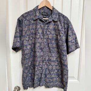 Eddie Bauer Blue & Brown Cotton/Linen Blend Cabana Short Sleeve Shirt. Size M